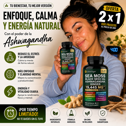 GlowVigor Sea Moss + Black Seed Oil + Ashwagandha + Ginger Fórmula Premium