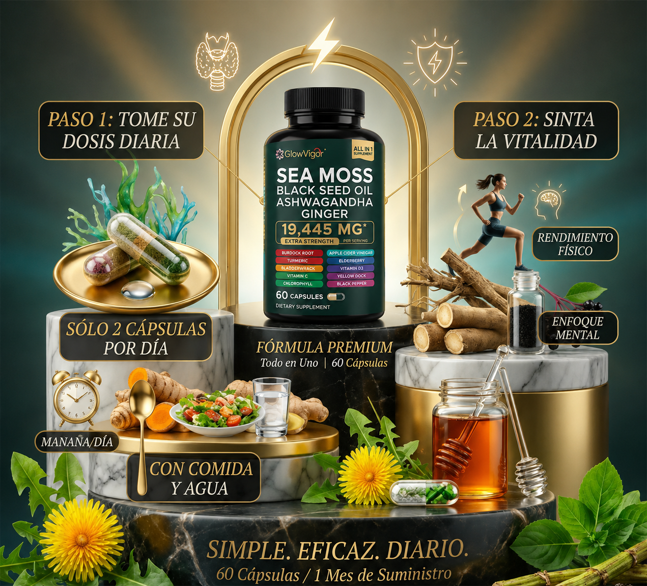 GlowVigor Sea Moss + Black Seed Oil + Ashwagandha + Ginger Fórmula Premium