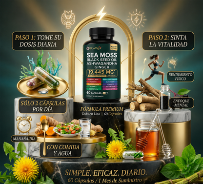 GlowVigor Sea Moss + Black Seed Oil + Ashwagandha + Ginger Fórmula Premium